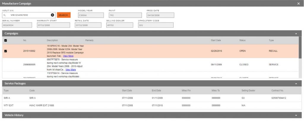 RecallMasters recall by VIN data in myKaarma scheduler