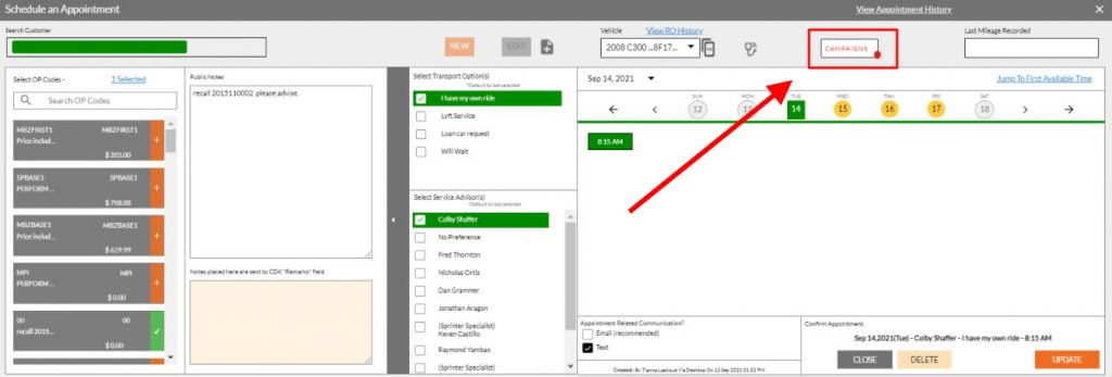 access recall by VIN data in myKaarma scheduler