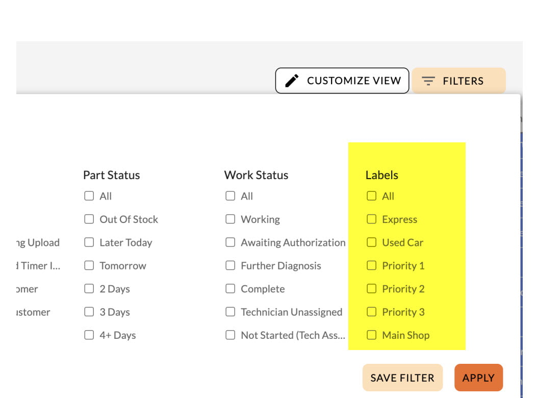 ServiceCart Label Filter