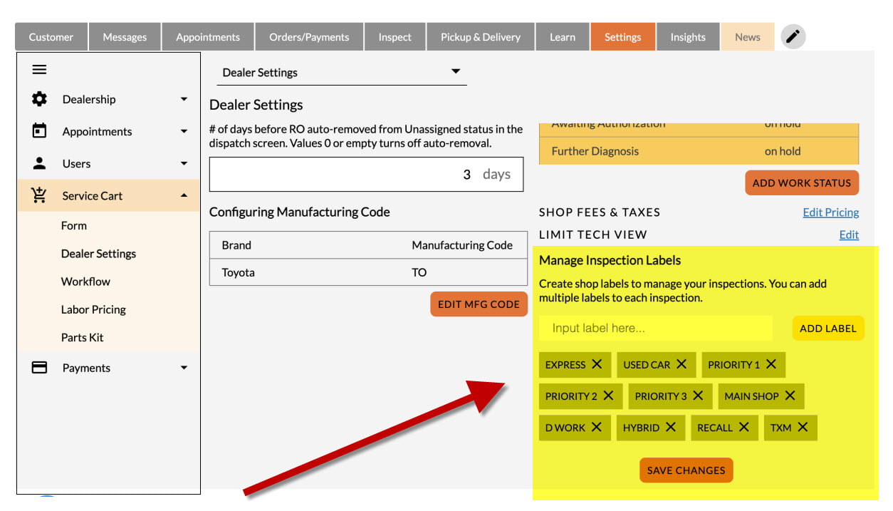 Setup ServiceCart Labels
